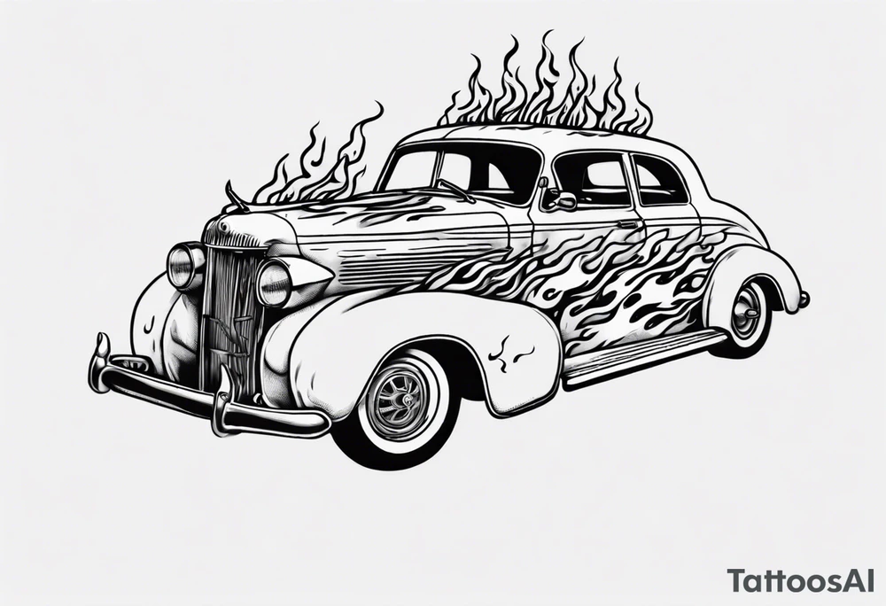 An old vintage classic car with flames coming out of the bonnet and a skeleton head at the top of the flames tattoo idea