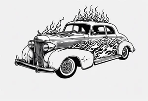An old vintage classic car with flames coming out of the bonnet and a skeleton head at the top of the flames tattoo idea