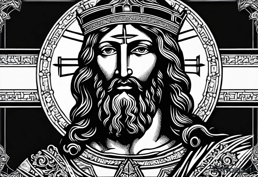 An icon of the haloed head of a flat, stern Byzantine Christ with all-demanding, soul-piercing eyes. tattoo idea