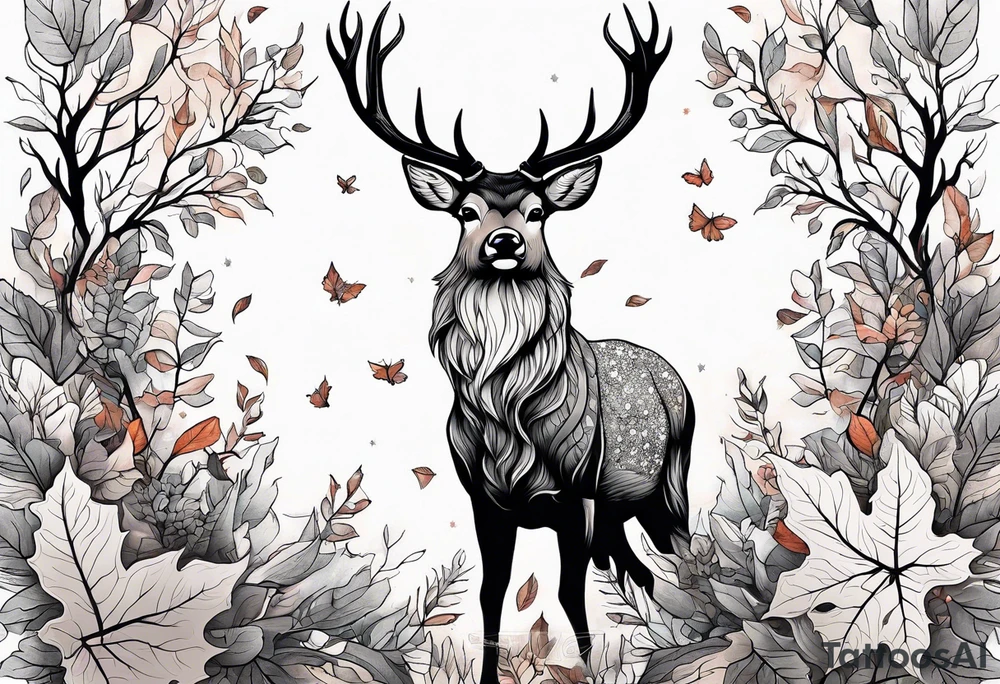deer antlers flying away in leaves tattoo idea