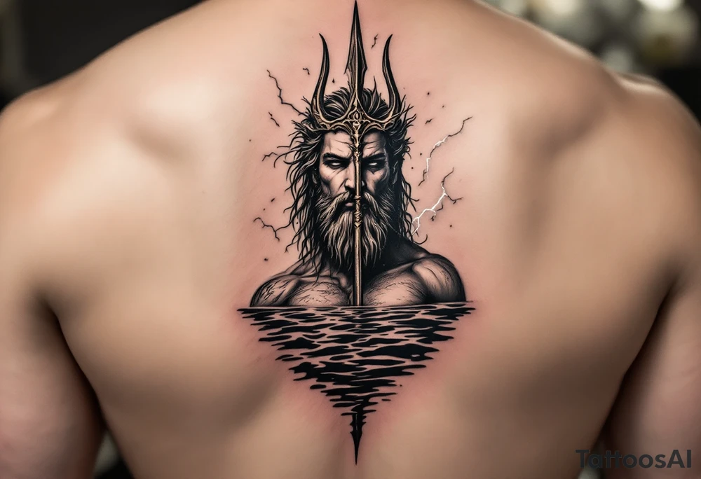 neptune with trident half way in calm water with lightning tattoo idea