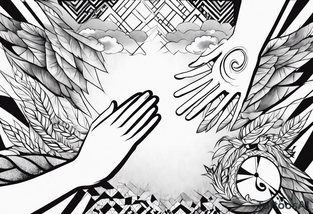 Hands reaching out to sky hands reaches back clouds birds angel baby unisex tattoo idea