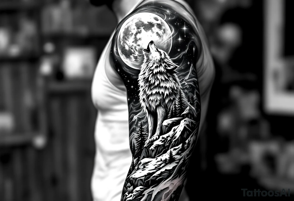 lone wolf howling at full moon with northern lights backdrop tattoo idea