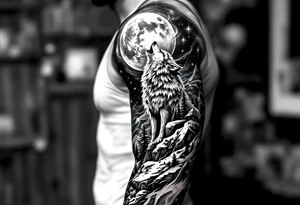 lone wolf howling at full moon with northern lights backdrop tattoo idea