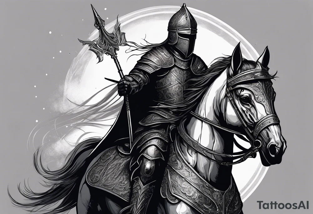 Dark art of the first horseman of the apocalypse. Wearing iron armor with a crown-shaped helmet, carrying a bow and arrows in one hand, he rides a white horse that is strong and slender, wearing shiny ornaments on his face. The horseman's face cannot be seen, as it is obscured by the darkness and fog in the image. tattoo idea