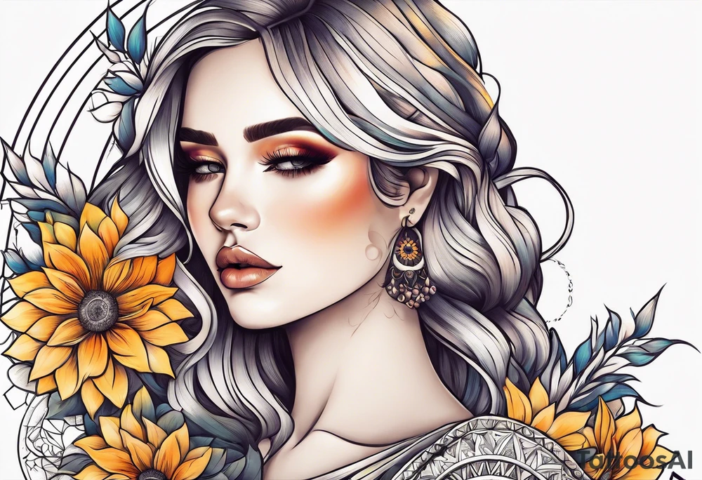 Flowers sun girl sleeve tattoo idea