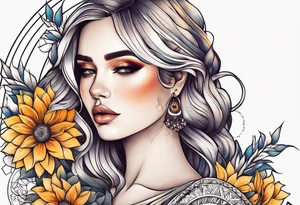 Flowers sun girl sleeve tattoo idea