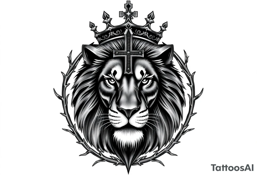 Powerful majestic lion facing forward, intense gaze, wearing a royal crown, ultra-detailed black and grey realism tattoo style.
Ornamental thorn designs wrapping around and framing the lion, symmetrical and elegant.
A Christian cross in the background, centered and vertical, partially hidden behind the lion’s head and mane, only the edges and tips of the cross visible.
High contrast, clean linework, fine shading, tattoo-ready design, masculine, regal, spiritual symbolism, chest/back tattoo composition, no color, no text. tattoo idea
