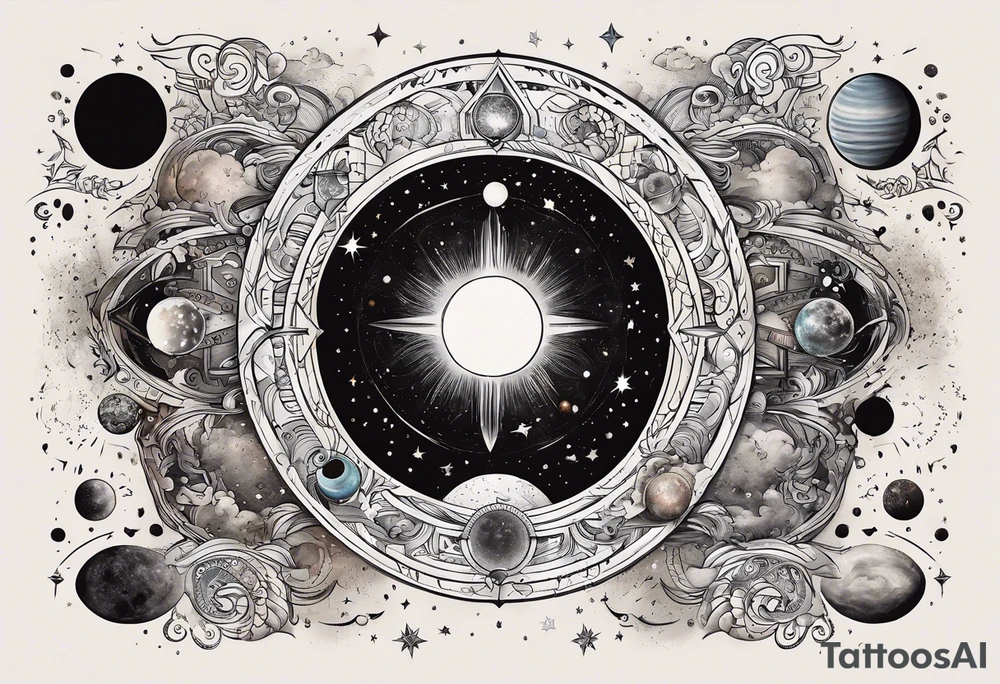 A tattoo featuring a cosmic scene with planets, black holes, and supernovae intertwined with intricate linguistic symbols, reflecting the client's interests in cosmology and linguistics. tattoo idea