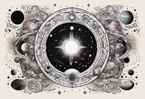 A tattoo featuring a cosmic scene with planets, black holes, and supernovae intertwined with intricate linguistic symbols, reflecting the client's interests in cosmology and linguistics. tattoo idea