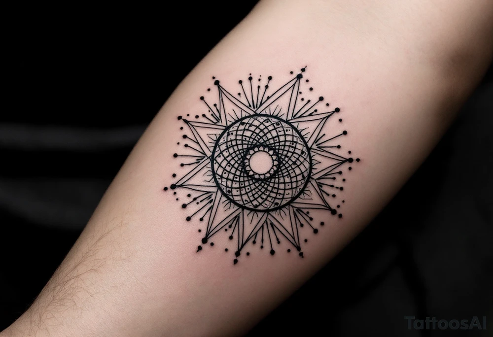 simple, minimalist tattoo, sacred geometry mandala, centerpiece design, dotwork patterns, radiating geometry, symmetrical mandala, geometric shapes, intricate dotwork, sacred patterns, mandala center, geometric radiating, fine line work, black grey shading, minimalist design, no outlines, arm placement, delicate linework, precise geometry, clean symmetry, sacred symbols, geometric precision, dotwork details, mandala focal point, refined patterns, understated complexity, geometric harmony, minimalist tattoo idea