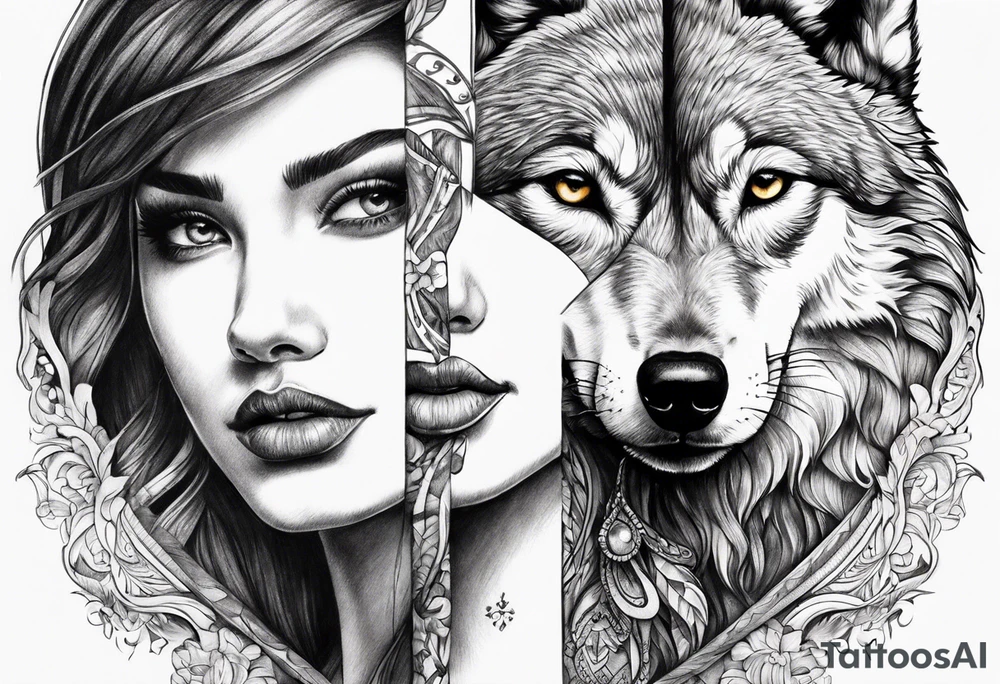 wolf's and woman's head split in half tattoo idea