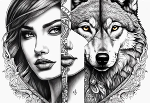 wolf's and woman's head split in half tattoo idea