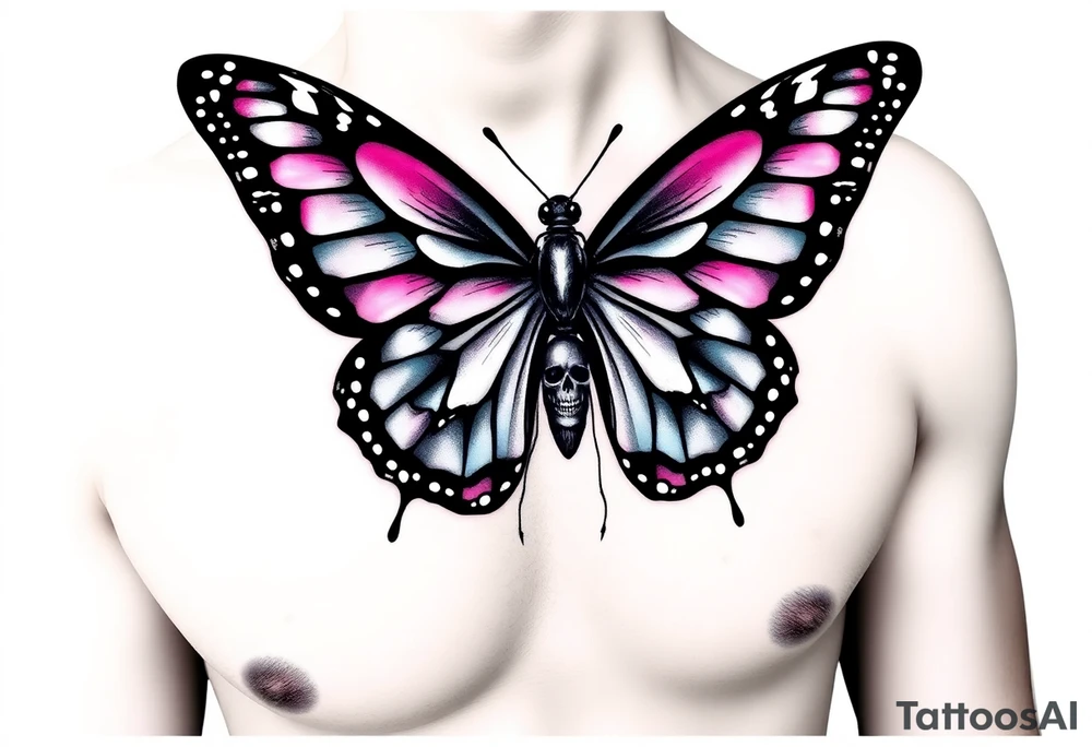 evil powerful majestic and dark monarch butterfly with  graffiti skull detail as the body hidden skulls in wings, skull detail making the body of the butterfly with a horror style effect, including aqua, pink and white colouring
placement on chest at collarbone tattoo idea