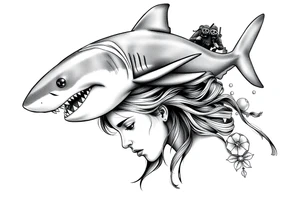 angry shark swimming over a depressed girls head, under water, divers summing around the girls head minding their business. tattoo idea