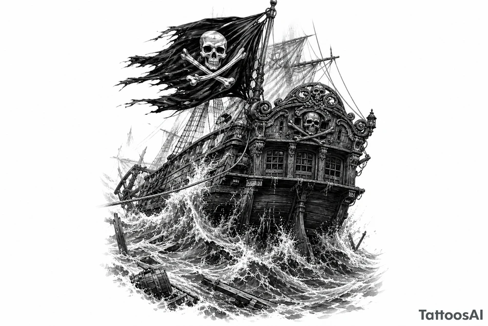 Detailed pirate ship stern, waves crashing over deck, tattered Jolly Roger flag. tattoo idea