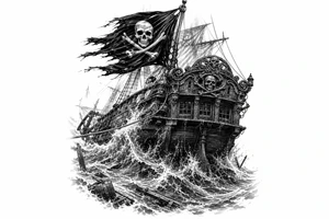 Detailed pirate ship stern, waves crashing over deck, tattered Jolly Roger flag. tattoo idea