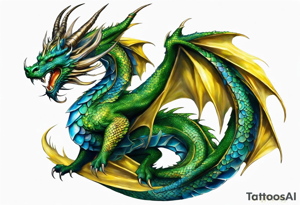 An epic dragon, its body coiling dynamically, with scales and horns detailed to create a sense of movement and strength. The dragon features accents in green, blue, and gold, giving a vibrant depth and a mystical aura. This tattoo highlights the dragon’s fierce expression and sharp claws as it wraps protectively around the leg. Style: Realism tattoo idea