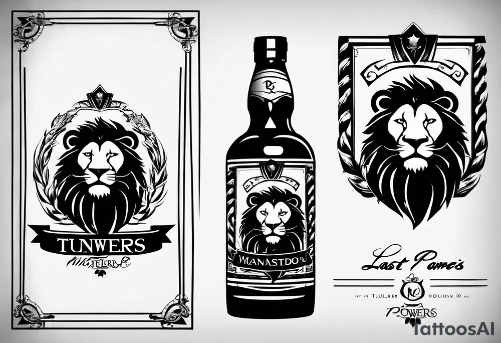 The last names Lyons, Powers, and Mast all listed out. A lion head below the lion. A Powers whiskey bottle below Powers. A Mastadon with tusks below Mast. tattoo idea