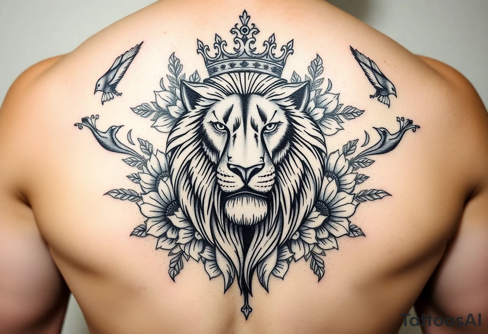 powerful majestic lion with a crown, surrounded by floral ornaments and birds tattoo idea