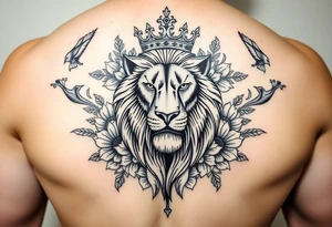 powerful majestic lion with a crown, surrounded by floral ornaments and birds tattoo idea