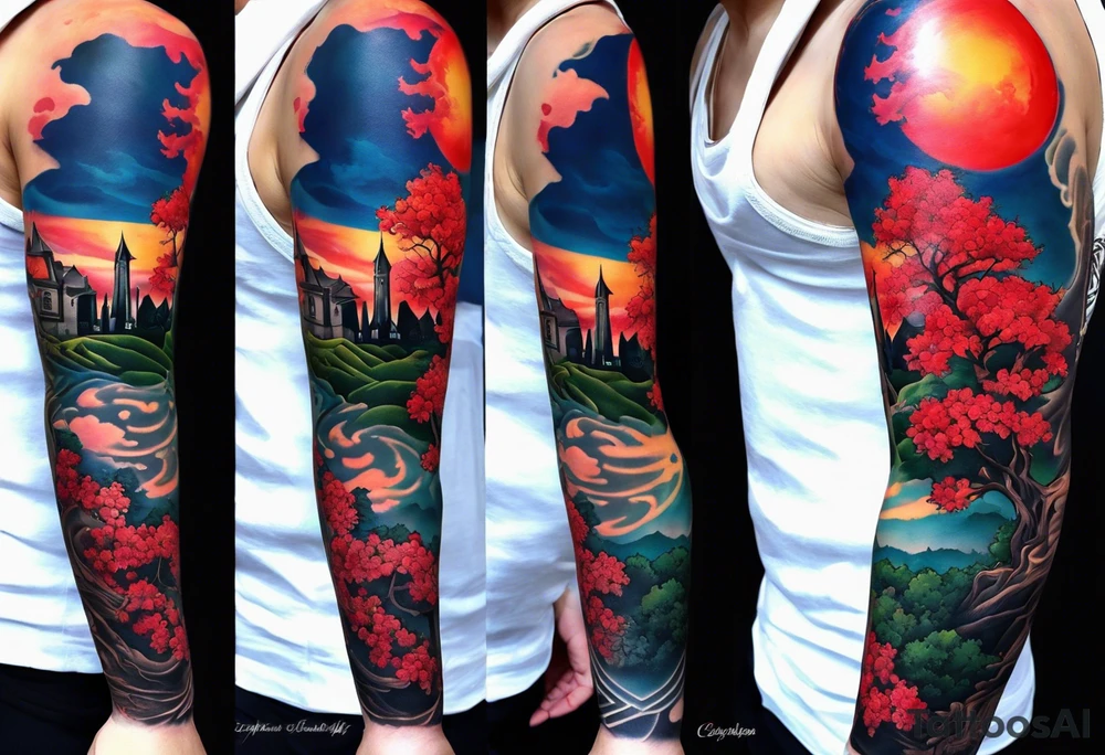 Full arm sleeve with multiple elements blended together. I want the Duke university chapel , cherry tree elements , red clouds from akatski , naruto , Atl skyline and captain C tattoo idea