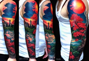 Full arm sleeve with multiple elements blended together. I want the Duke university chapel , cherry tree elements , red clouds from akatski , naruto , Atl skyline and captain C tattoo idea