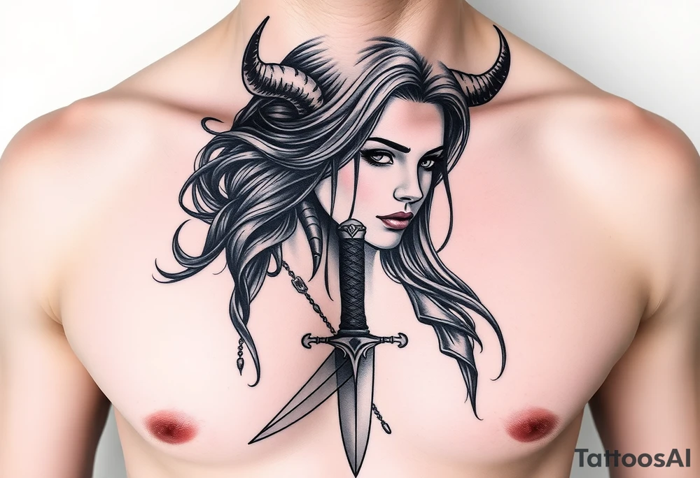 Feminine Tattoo dark female warrior with dagger and realistic horns just barley touching collarbone with a lot of shading tattoo idea