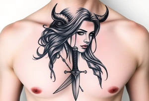 Feminine Tattoo dark female warrior with dagger and realistic horns just barley touching collarbone with a lot of shading tattoo idea