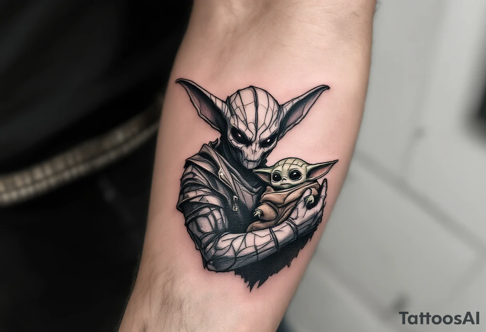 Mandralorian is holding baby yoda tattoo idea