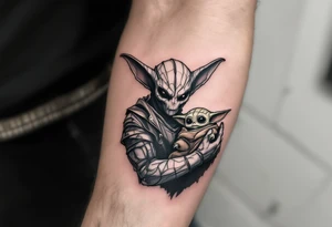 Mandralorian is holding baby yoda tattoo idea