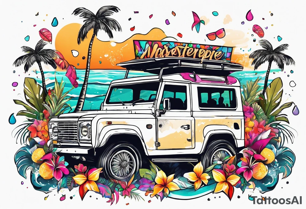 SURFING SAFARI BEACH PARTY WITH CONFETTI AND MUSIC NOTES, TROPICAL DRINKS, SEXY BIKINIS tattoo idea