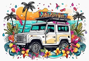 SURFING SAFARI BEACH PARTY WITH CONFETTI AND MUSIC NOTES, TROPICAL DRINKS, SEXY BIKINIS tattoo idea