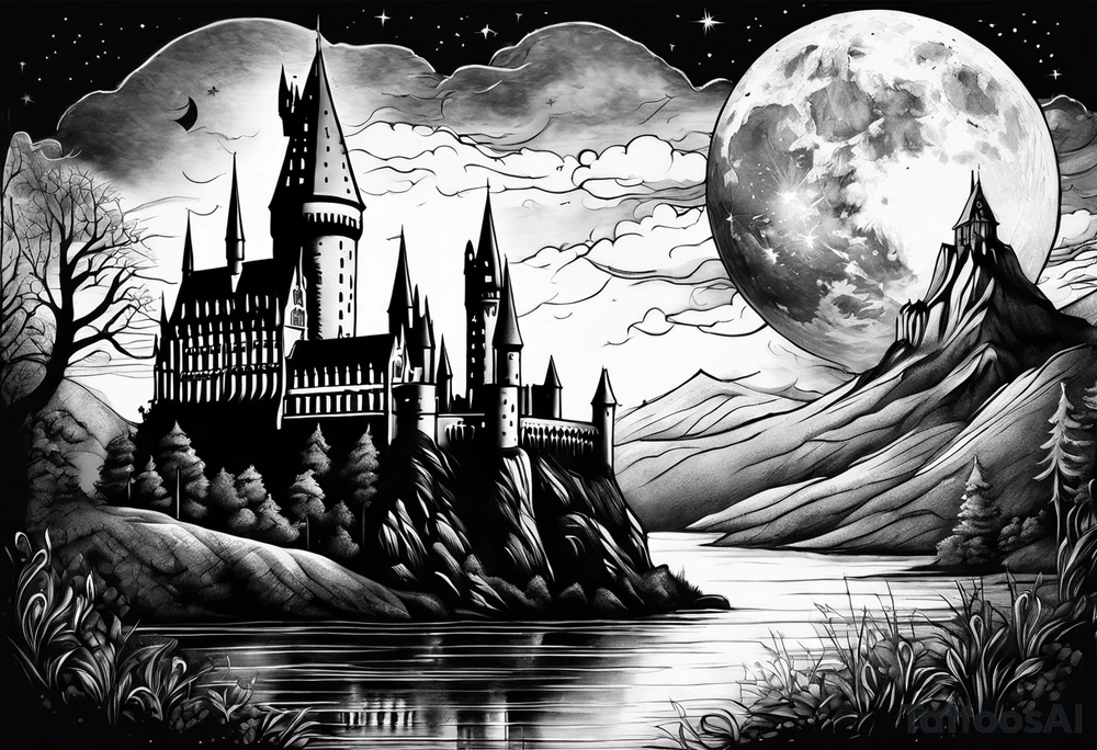 Hogwarts Castle with water around it and the moon in the sky tattoo idea