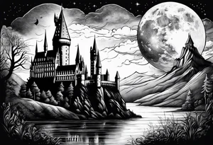 Hogwarts Castle with water around it and the moon in the sky tattoo idea