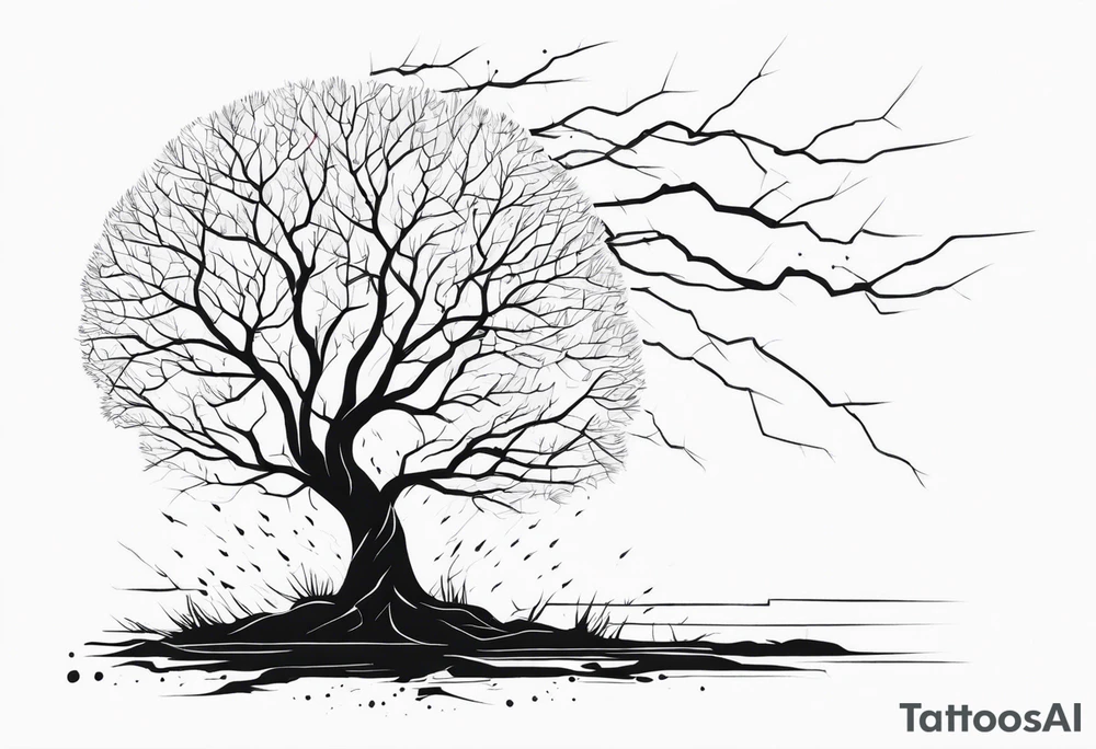 a barron tree struck by lightning, the branches resemble a brain and its spark of life. the ground below the tree is cracked symbolizing the broken connection between creator and creation tattoo idea