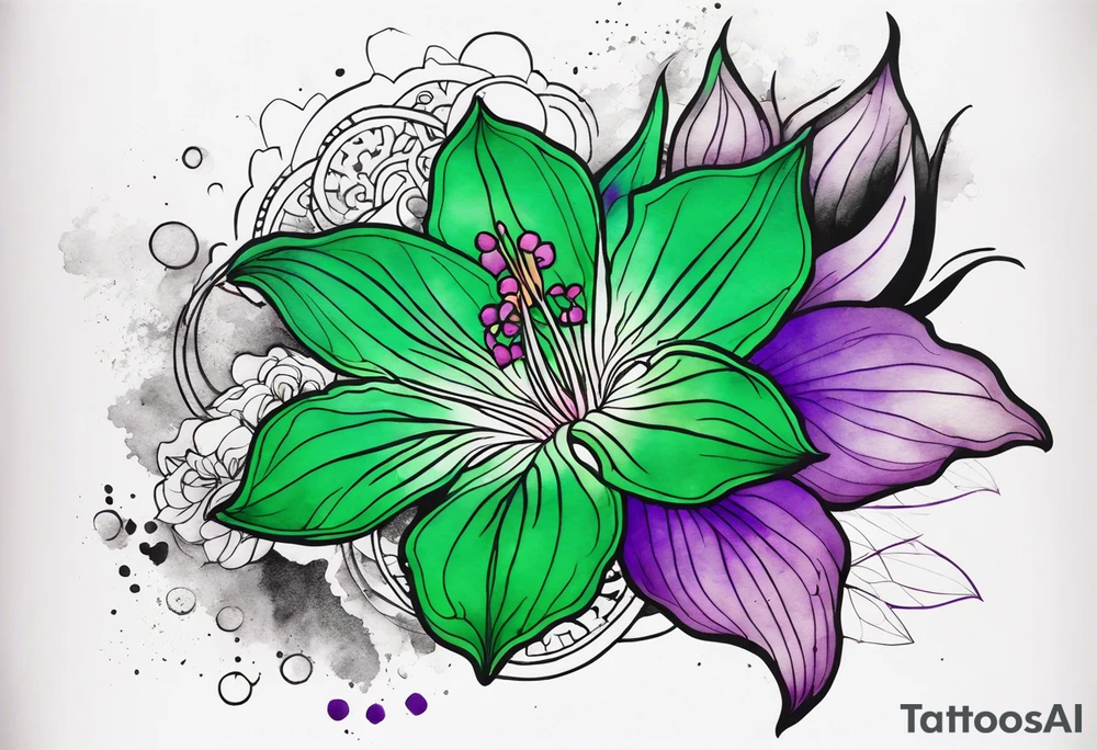 A mystical outline of a green with a bit of purple rio dipladenia flower and a green and purple watercolor splash in the background tattoo idea