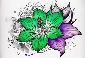 A mystical outline of a green with a bit of purple rio dipladenia flower and a green and purple watercolor splash in the background tattoo idea