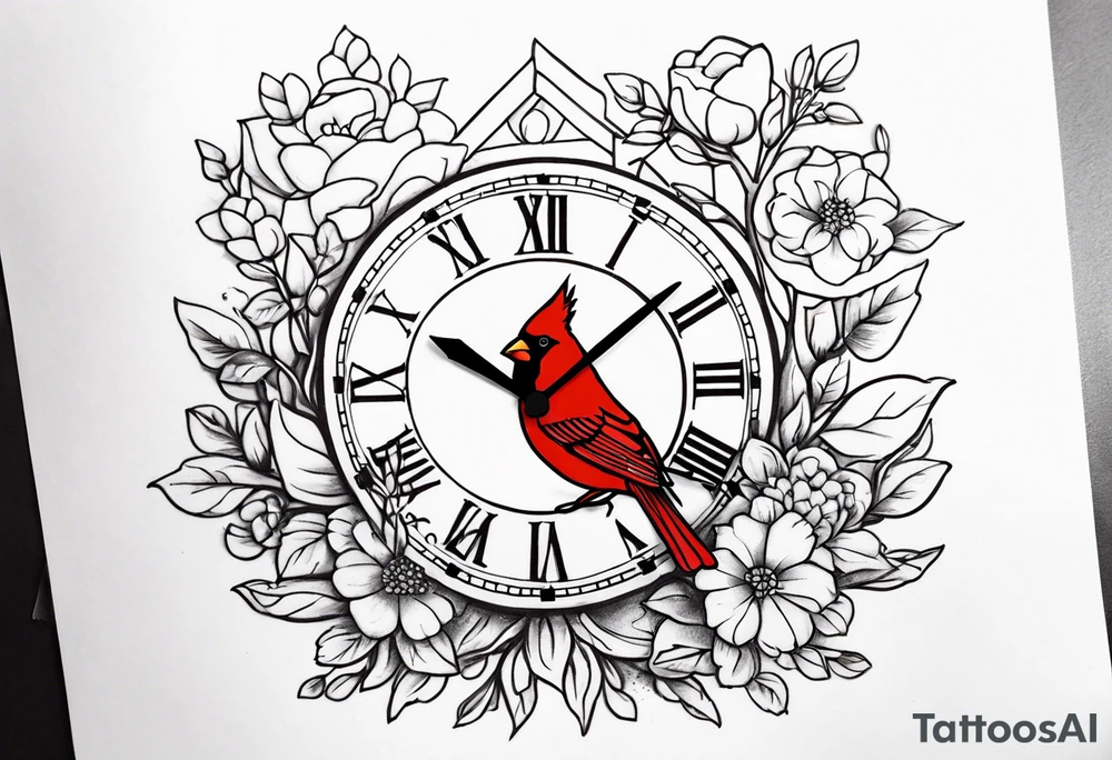 Trees, flowers, clock, red cardinal, representing growth from grief tattoo idea