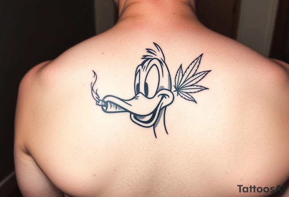 Older Daffy duck smoking a joint of marijuana tattoo idea