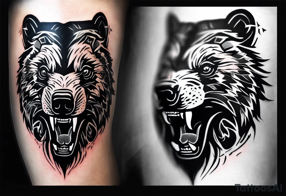 A tattoo designed for the knee, featuring the face of a feral bear with wild, exaggerated features, such as sharp fangs, intense eyes, and a snarling expression. The design incorporates large areas of white space for contrast, with beams of light or energy radiating outward from the beast’s eyes in a chaotic and powerful pattern. The overall look should be bold and primal, with flowing lines that adapt naturally to the curvature of the knee. tattoo idea