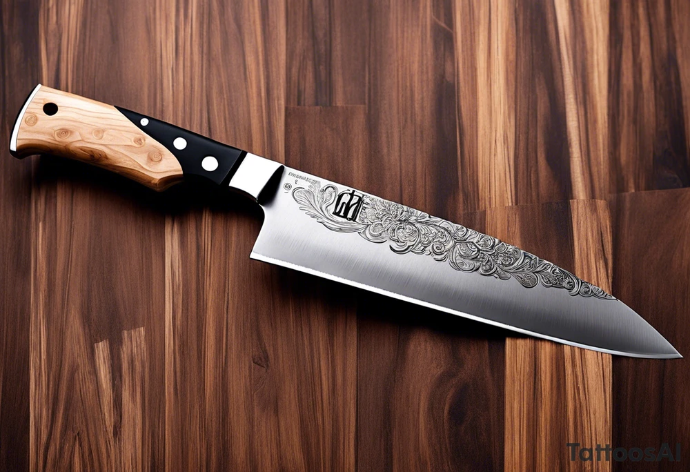 I want a realistic tattoo in the shape of a slicing knife like a Miyabi Birchwood SG2 Chef's Knife, well detailed especially on the handle, with a scene of a professional kitchen on the blade, such as a large central plancha with 2 enthusiastic cooks in the heat of the action (one with his back to t tattoo idea
