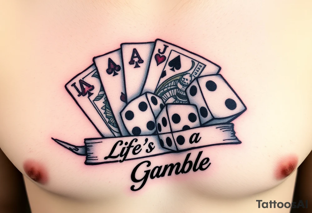 Royal flush and dice says Life's a Gamble tattoo idea