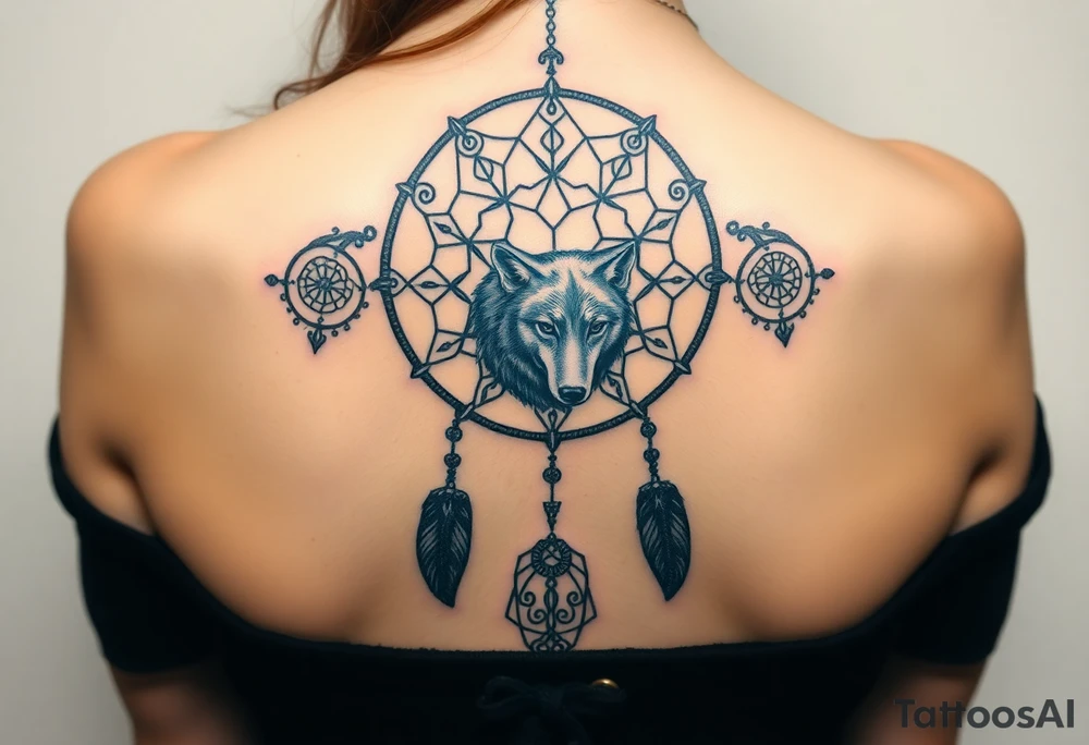 Dreamcatcher with zodiac symbols and protection runes caught in it with wolf teal tattoo idea