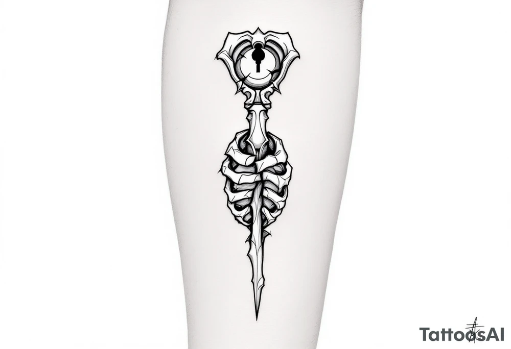 Minimalist finger bone key and ribcage lock – A surreal design where the key is carved from a skeletal finger bone, pointing downward, and the lock is embedded into a cracked human ribcage. The style is fine line with soft shading in muted gray and bone white, accented with light shadowing and subtle black ink details to give it a haunting yet elegant vibe. tattoo idea
