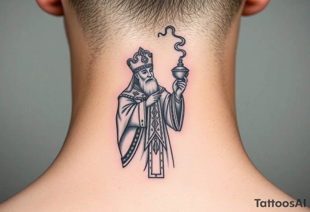 Russian Orthodox Priest in a fully detailed gold vestment swinging a censer with smoke curling upward tattoo idea