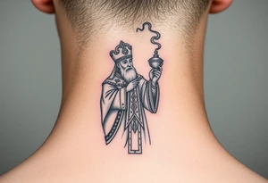 Russian Orthodox Priest in a fully detailed gold vestment swinging a censer with smoke curling upward tattoo idea