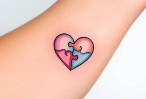 A heart-shaped puzzle with two interlocking pieces, one soft pastel pink and the other baby blue, symbolizing the inseparable bond between parent and child tattoo idea