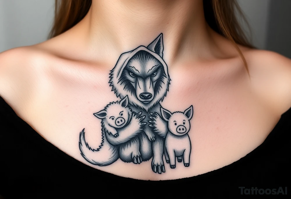 Big bad wolf in a sheep costume hunting 3 little pigs tattoo idea