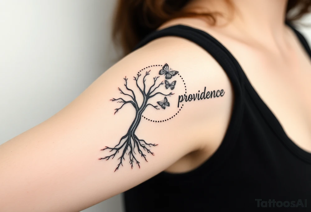 minimalistic tree of life that’s roots come out at bottom and make a dotted circle around the tree and have butterflies coming out of circle on top right and then the word “providence” curved around the right outside of the circle tattoo idea